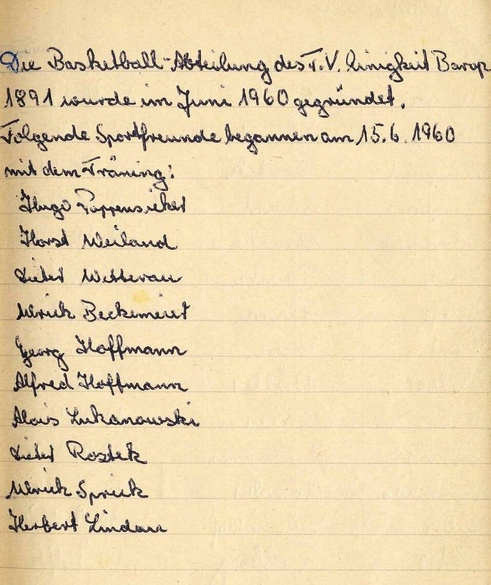 Handgeschriebene Liste von Basketballspielern und Trainer der Abteilung des v. Lingfield Borp aus dem Jahr 1960.