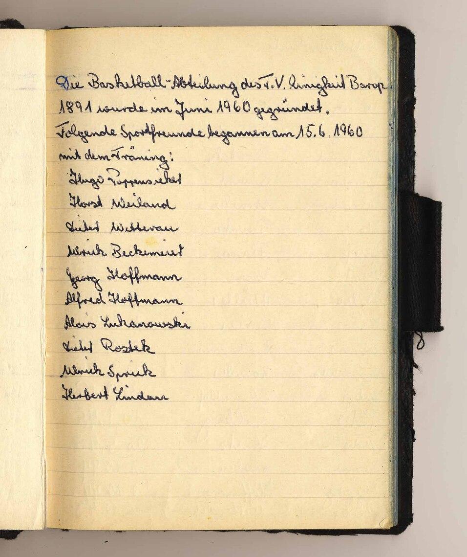 Handgeschriebene Liste von Basketballspielern und Trainer der Abteilung des v. Lingfield Borp aus dem Jahr 1960.