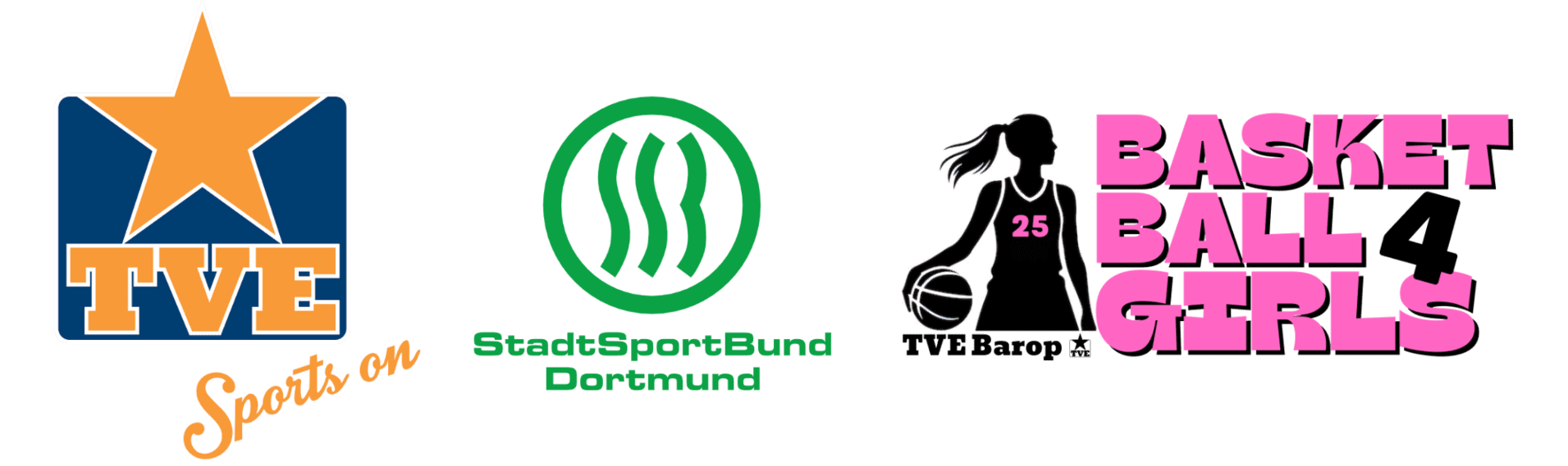 Logos von TVE, Stadtwerke und Basketball Girls, nebeneinander angeordnet auf weißem Hintergrund.