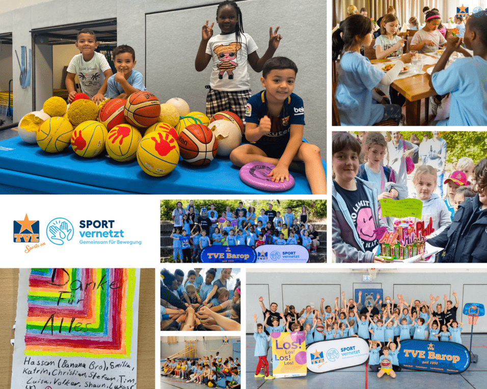 Sport vernetzt 2022 Collage von Kindern beim Sport, Basteln und Spielen in verschiedenen Aktivitäten, umgeben von Sportgeräten und bunten Materialien.