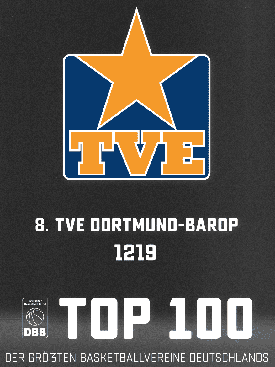 Logo des TVE Dortmund-Barop mit einer orangefarbenen Sternenform und dem Text „TOP 100 der größten Basketballvereine Deutschlands“.