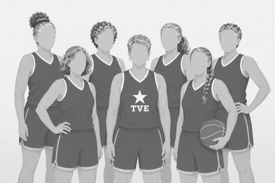 Gruppendarstellung von sieben Basketballspielerinnen in einheitlichen Trikots, vor neutralem Hintergrund.