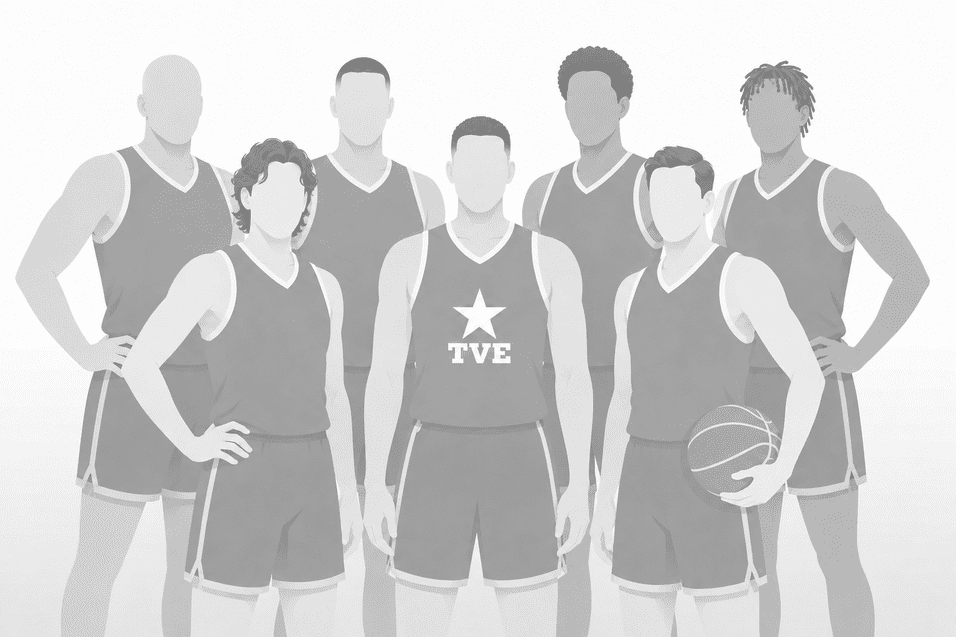 Grafik einer Basketballmannschaft mit acht Spielern in Uniformen, zwei halten einen Basketball und alle stehen in einer Reihe.