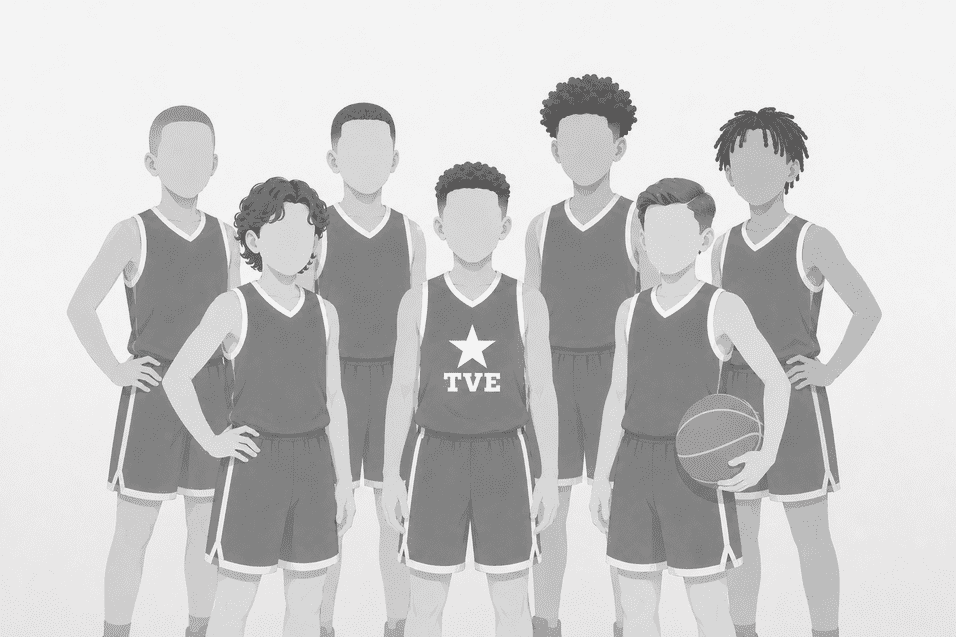 Gruppenspieler in Basketballtrikots stehen zusammen, einige halten einen Basketball, Gesichter sind ohne Details.