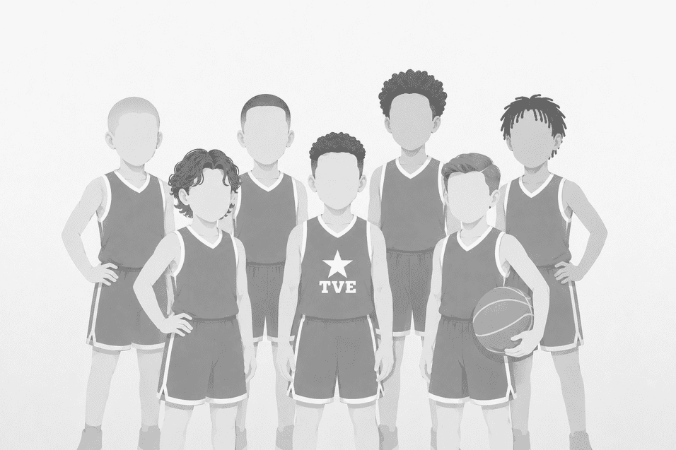 Gruppe von acht animierten Basketballspielern in Trikots, einige halten einen Basketball, andere posieren.