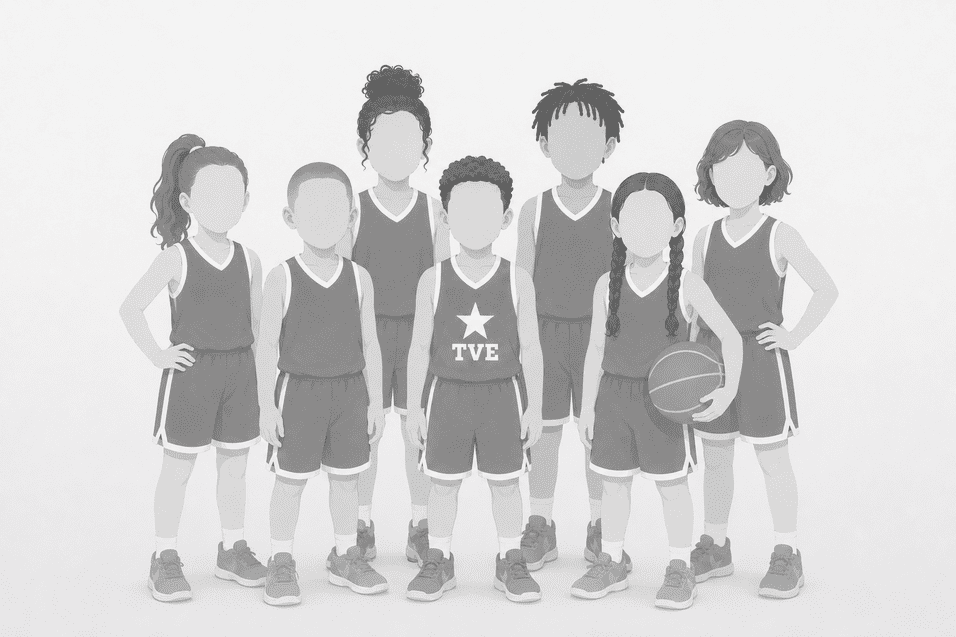 Gruppe von sieben basketballspielenden Kindern in Trikots, einige halten einen Basketball, andere stehen mit verschränkten Armen.