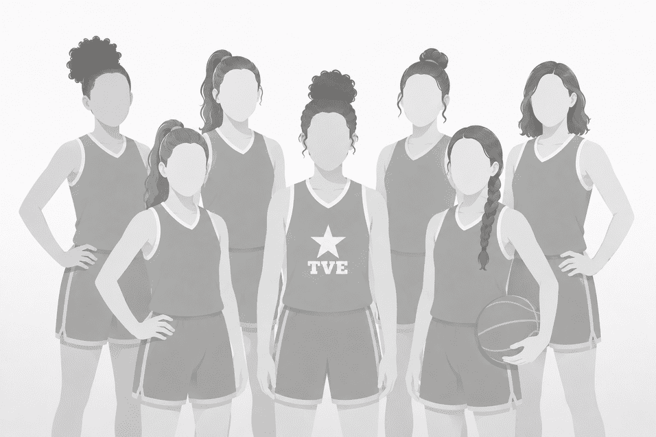 Gruppe von acht Basketballspielerinnen in Trikots, mit einer Spielerin, die einen Ball hält, vor einem neutralen Hintergrund.