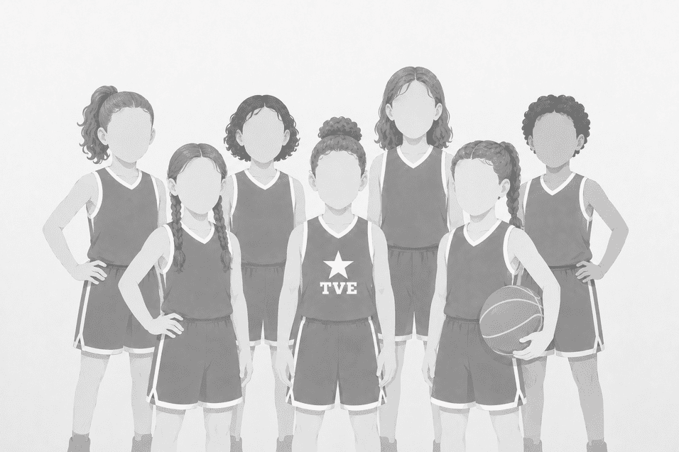 Gruppe von acht Mädchen in Basketballtrikots, eine hält einen Basketball, vor neutralem Hintergrund.
