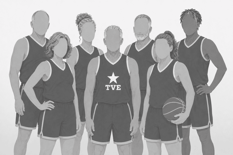 Eine Gruppe von Basketballspielern in schwarzen Trikots mit der Aufschrift „TVE“ und einem Basketball.