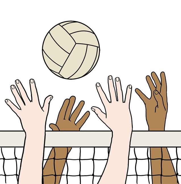 Hände unterschiedlicher Hautfarben greifen nach einem Volleyball über einem Netz.