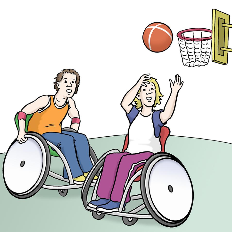 Zwei Personen im Rollstuhl spielen Basketball und werfen einen Ball auf den Korb.