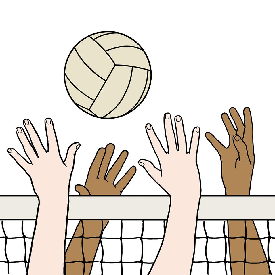 Hände unterschiedlicher Hautfarben greifen nach einem Volleyball über einem Netz.