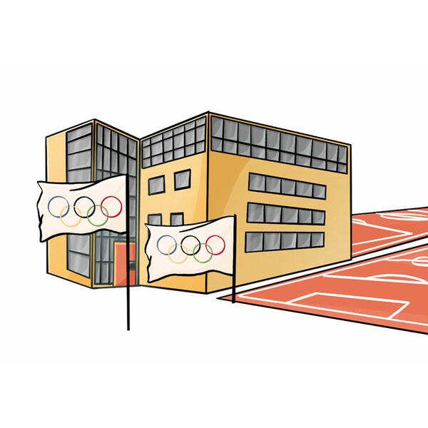 Zeichnung eines modernen Gebäudes mit Olympiageländen und Fahnen mit olympischen Ringen im Vordergrund.