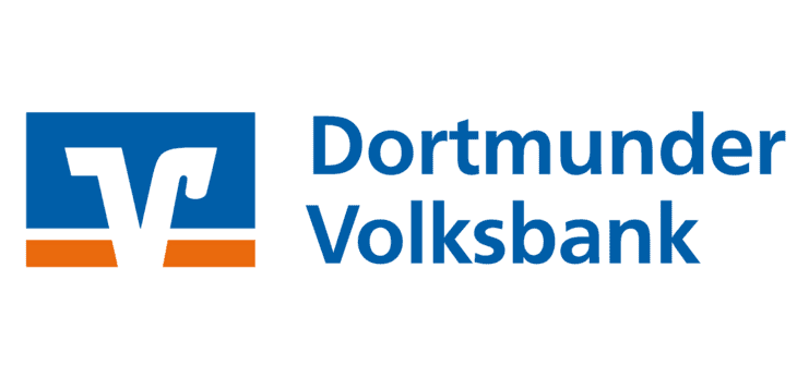 Logo der Dortmunder Volksbank mit blauem Schriftzug und stilisiertem V in Blau und Orange.
