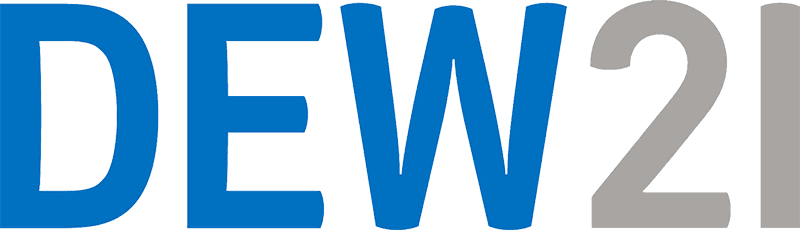 Logo von DEW21 in blauer und grauer Schrift auf einem hellen Hintergrund.