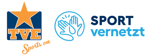 Logo der TVE mit Stern und den Worten "Sports on", daneben das Wort "SPORT vernetzt" mit symbolischen Händen.