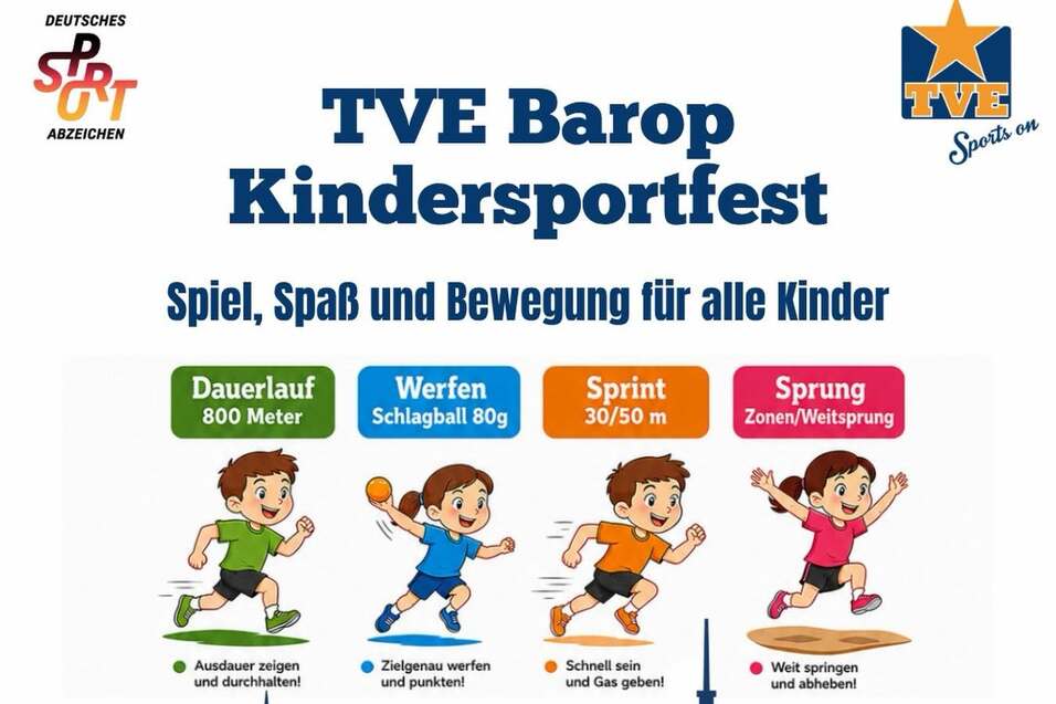Plakat f&uuml;r das TVE Barop Kindersportfest mit Informationen zu Aktivit&auml;ten, Datum, Uhrzeit und Anmeldedetails.