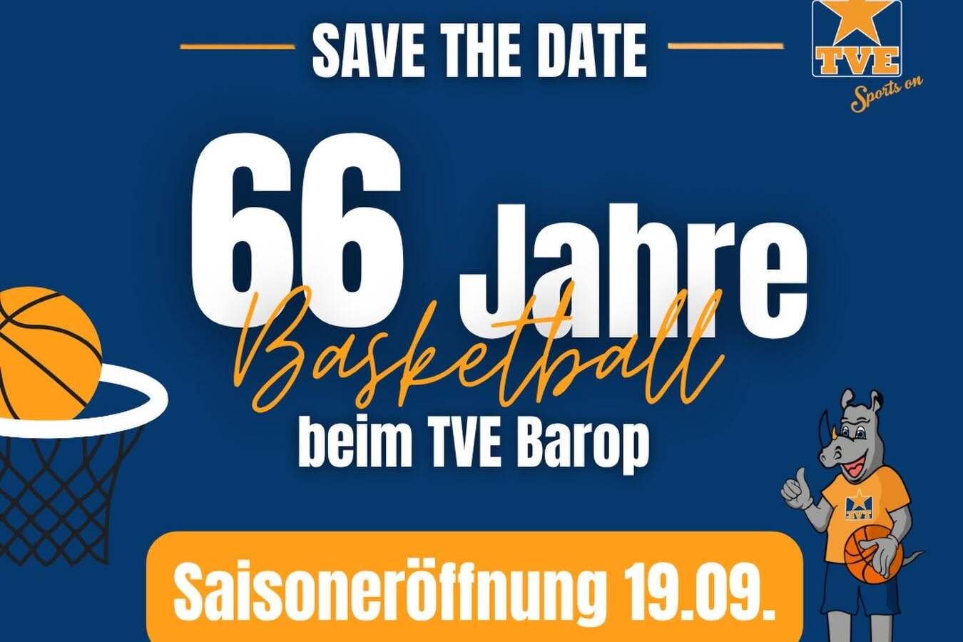 Plakat zur Saisoneröffnung des TVE Barop mit Terminen für Basketballspiele und Hinweise auf Musik und Catering.