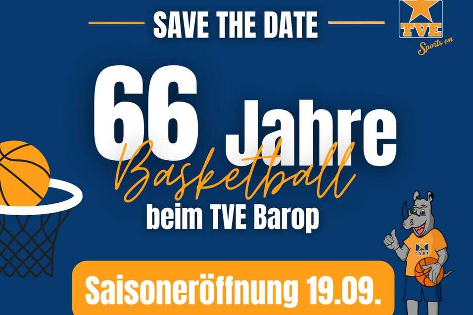 Plakat zur Saisoner&ouml;ffnung des TVE Barop mit Terminen f&uuml;r Basketballspiele und Hinweise auf Musik und Catering.
