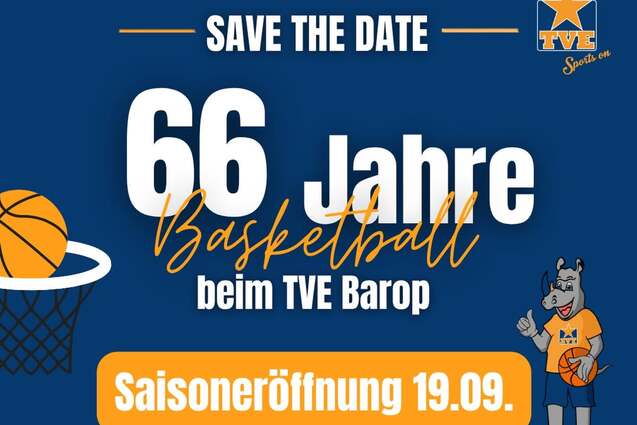 Plakat zur Saisoneröffnung des TVE Barop mit Terminen für Basketballspiele und Hinweise auf Musik und Catering.