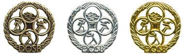 Drei Medaillen des DOSB in Gold, Silber und Bronze, im Kreis mit Sportikonen und Wellenmotiv.