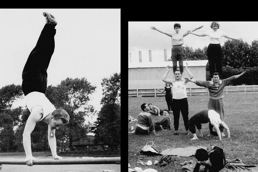 Ein Turner macht einen Handstand an einem Reck, daneben eine Turngruppe, die Figuren im Freien pr&auml;sentiert.